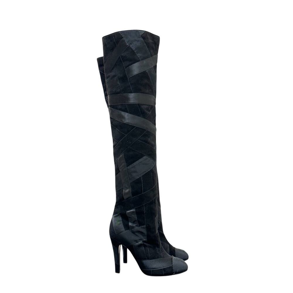 CHANEL Black Suede & Ribbon Patchwork Over Knee Boots Sz.38 - Picture 2 of 8